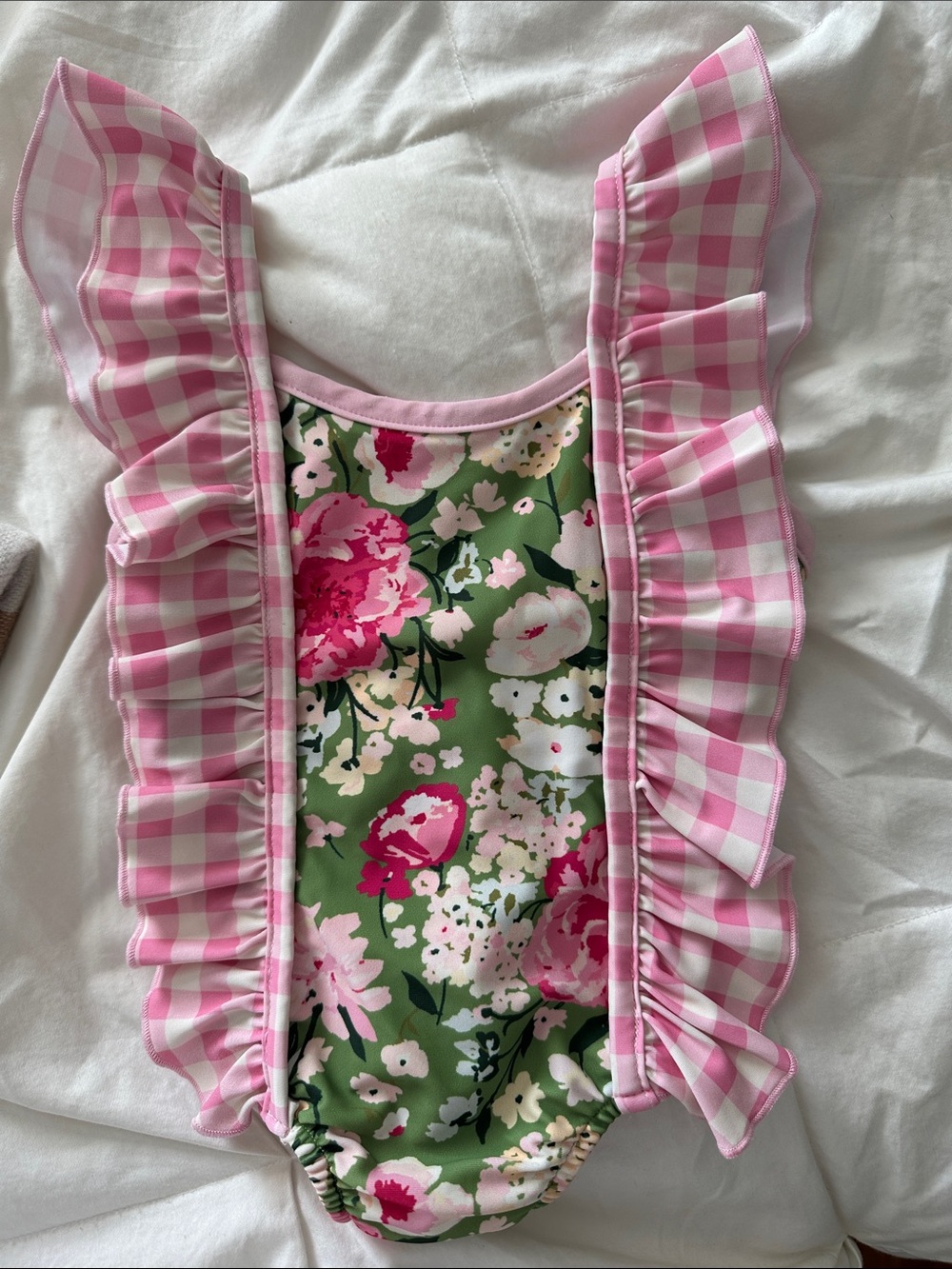 SweetHoney Pink Gingham Ruffle One-Piece with Green Floral
